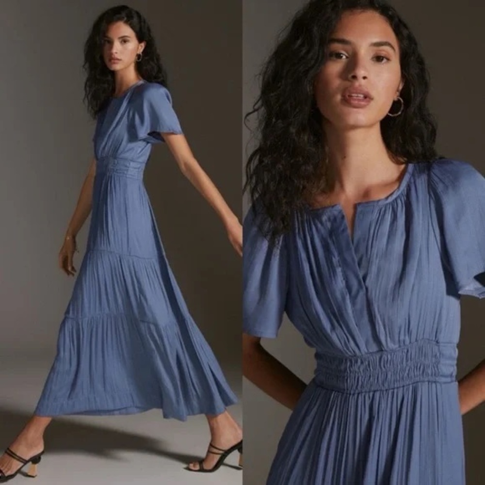 Anthropologie Somerset Satin Maxi Dress- Blue